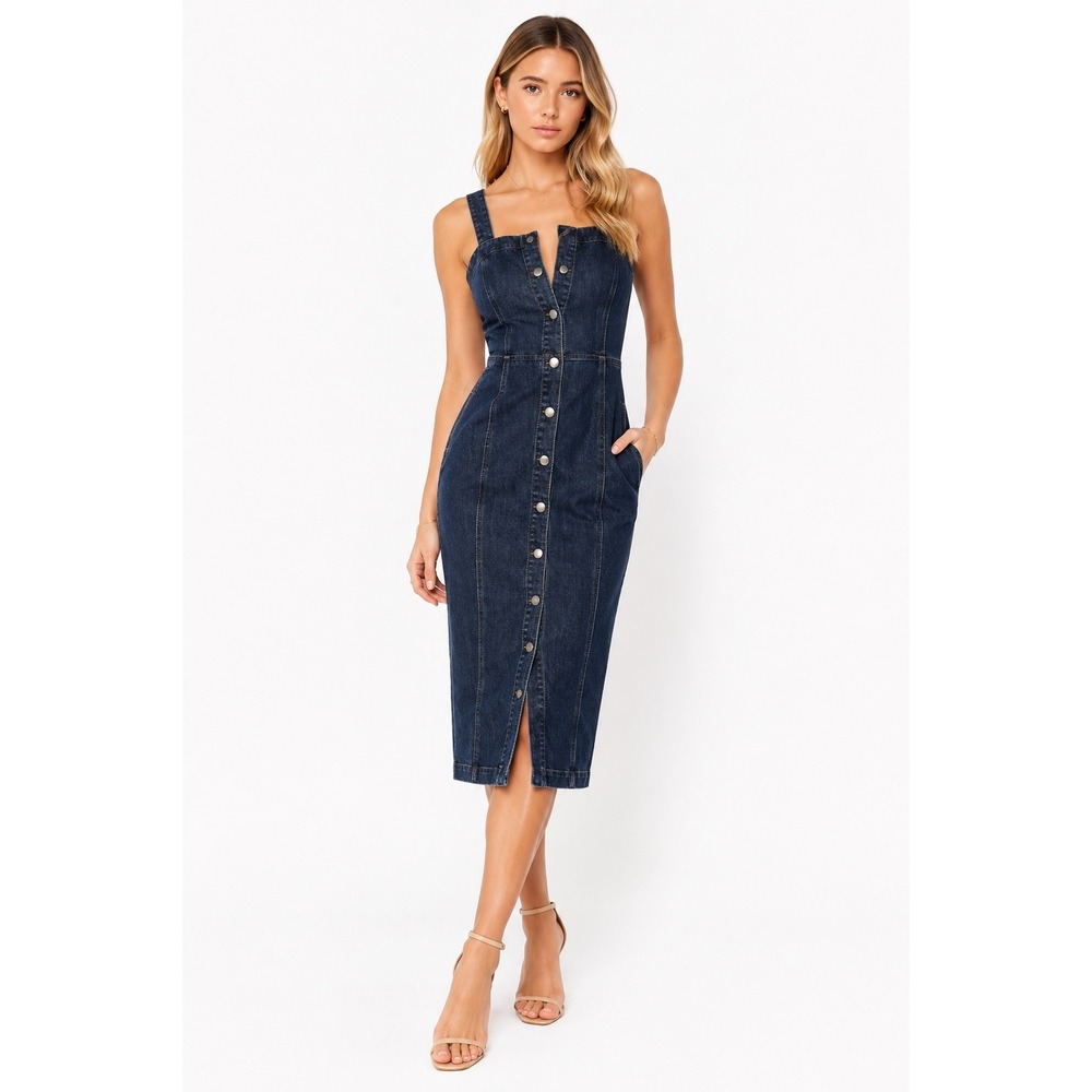 AG Adriano Goldschmied Denim Midi Dress XS Dark Wash Button Front Bodycon